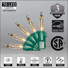 Load image into Gallery viewer, warm white faceted M5 shatterproof christmas lights with energy chart