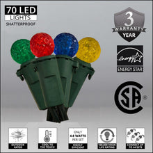 Load image into Gallery viewer, multicolor 70 LED faceted G12 shatterproof christmas lights