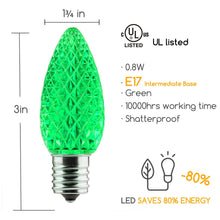 Load image into Gallery viewer, green shaterproof faceted C9 LED bulb dimensions and energy percentage
