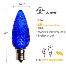 Load image into Gallery viewer, blue shaterproof faceted C9 LED bulb dimensions and energy percentage
