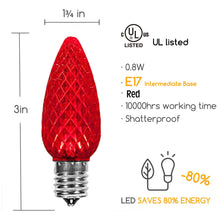 Load image into Gallery viewer, red shaterproof faceted C9 LED bulb dimensions and energy percentage
