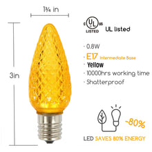 Load image into Gallery viewer, yellow shaterproof faceted C9 LED bulb dimensions and energy percentage
