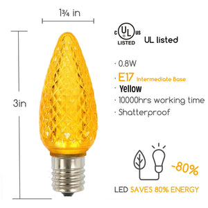 yellow shaterproof faceted C9 LED bulb dimensions and energy percentage