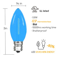 Load image into Gallery viewer, blue filament christmas bulb dimensions and energy percentage

